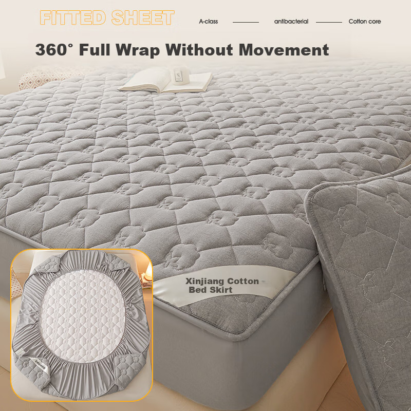 Hodo Class A Pure Cotton Antibacterial Fitted Sheet, Single Piece Thickened Bed Cover, Home Use Mattress Protector Cover, 1.8*2 Meters, Gray