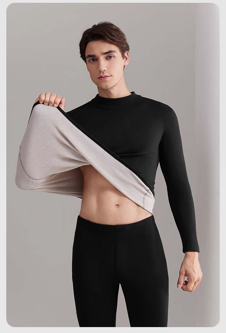 Caiyue Men's Thermal Underwear Set Mid-Neck Windproof 10A Antibacterial Wool Silk Half-High Collar Fleece Autumn Top and Bottom 10