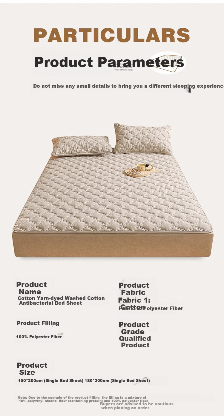 Wuyinliangpin Class A Fabric, Pure Cotton Quilted Fitted Sheet, Single Piece, Pure Cotton Double Bed Cover, Mattress Protector, Full Coverage Bedspread, 150*200cm 7
