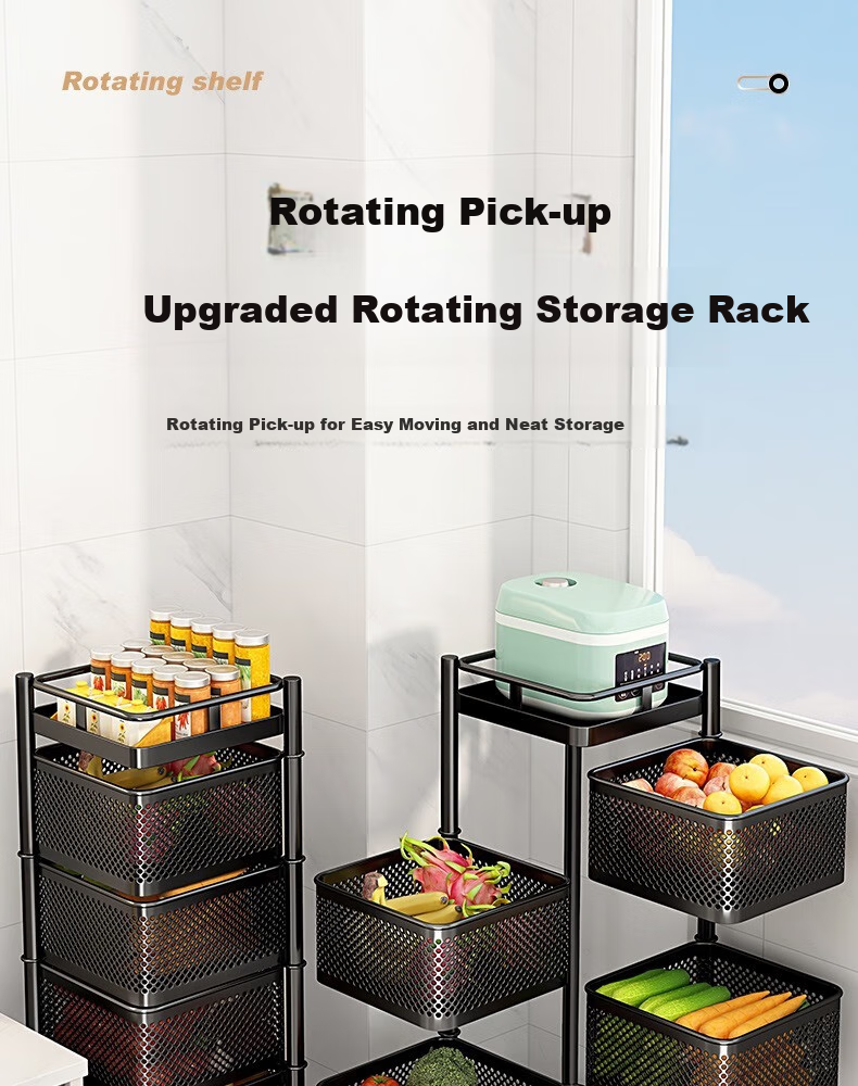 Yicainianhua Kitchen Storage Rack, Floor-Standing Vegetable Basket, Rotating Shelf, Vegetable Organizer, Living Room Storage Movable Cart, 1118-WH 1