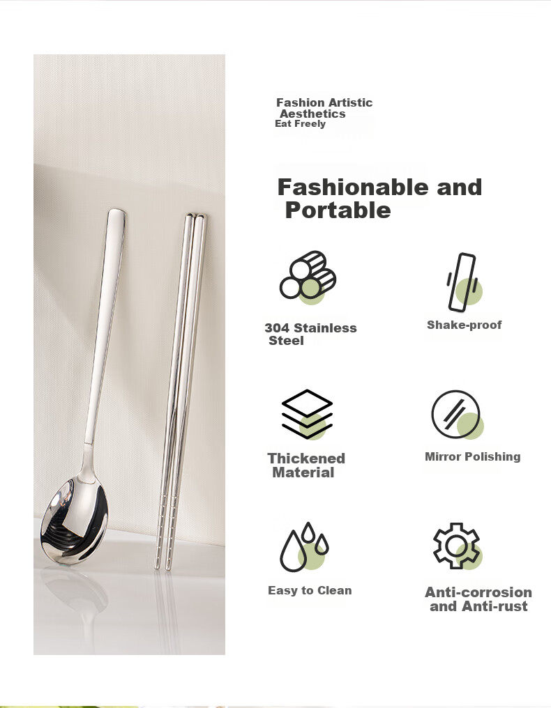 Guangyi Food-Grade 304 Stainless Steel Portable Cutlery Set with Chopsticks, Personal Use for Students And Adults, Including Chopsticks, Spoon, Fork, And Box GY7358 2
