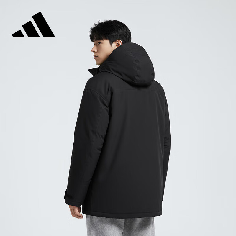 Adidas 2025 Winter Black Parka Down Jacket Business Commuter 600 Fill Power Men's Casual Hooded Down Jacket