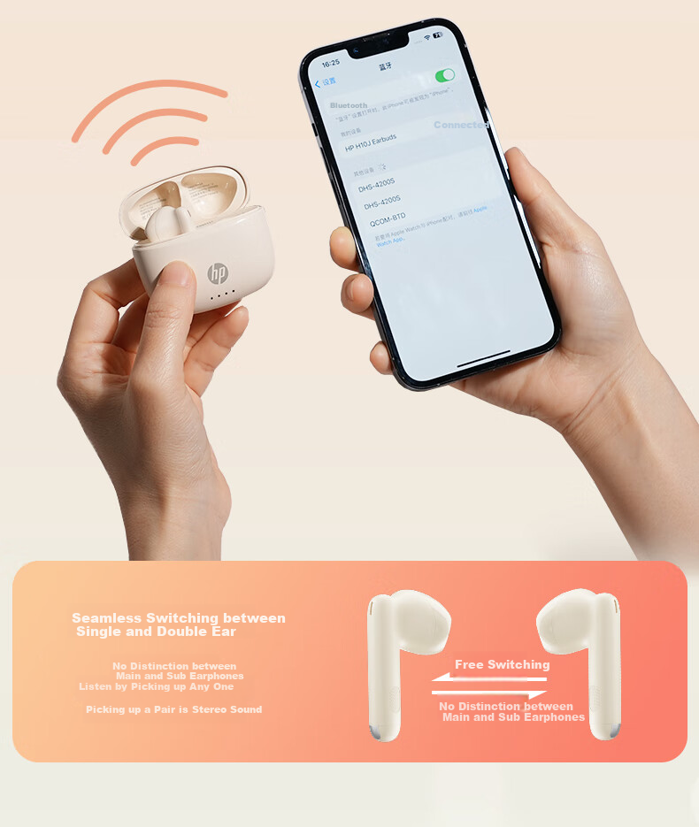 HP H10J True Wireless Bluetooth 5.4 ENC Calling Noise Reduction Semi-In Compact Music Earphones Compatible with Apple Huawei Xiaomi Phones for Gaming Entertainment And Office Use Sunset Orange 24