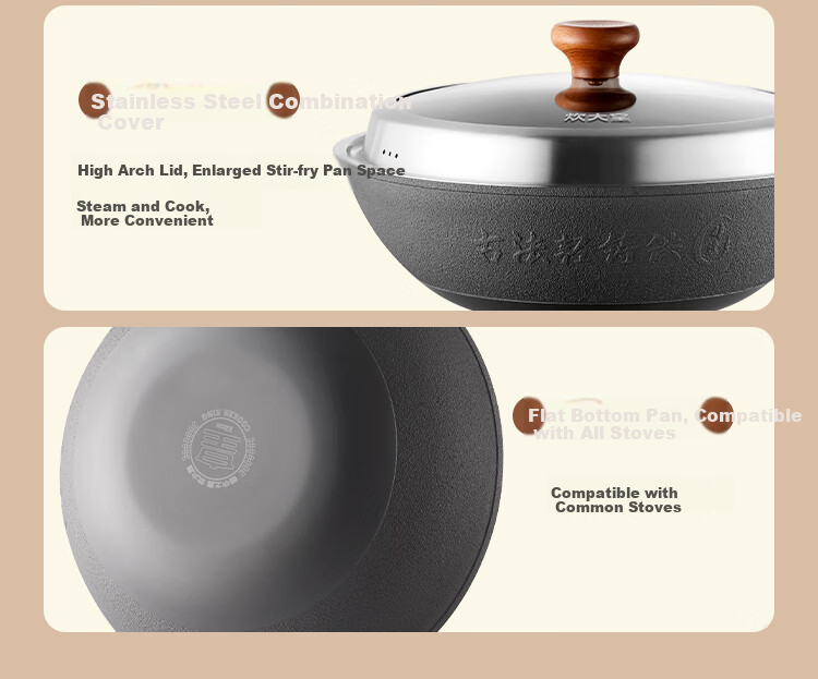 COOKER KING Cast Iron Wok, Traditional Non-heritage Light Cast Iron Pan, Home Use Flat Bottom Stir-Fry Pan, 34cm FY34CG 13