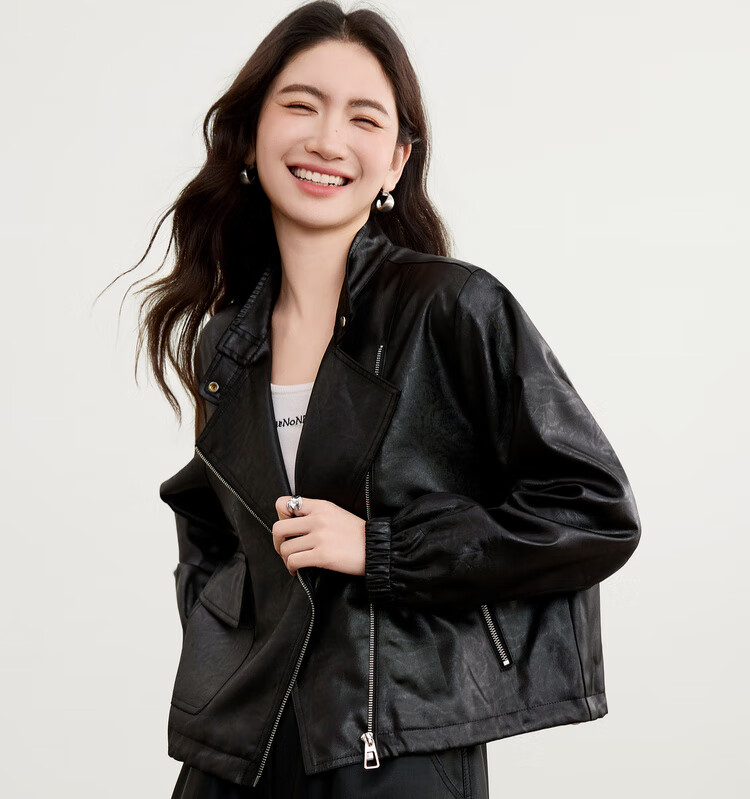 Sentubila Women's Casual Asymmetric Zip-Up Stand Collar Jacket Autumn Loose Slim Leather Texture Cardigan Drawstring Top 2