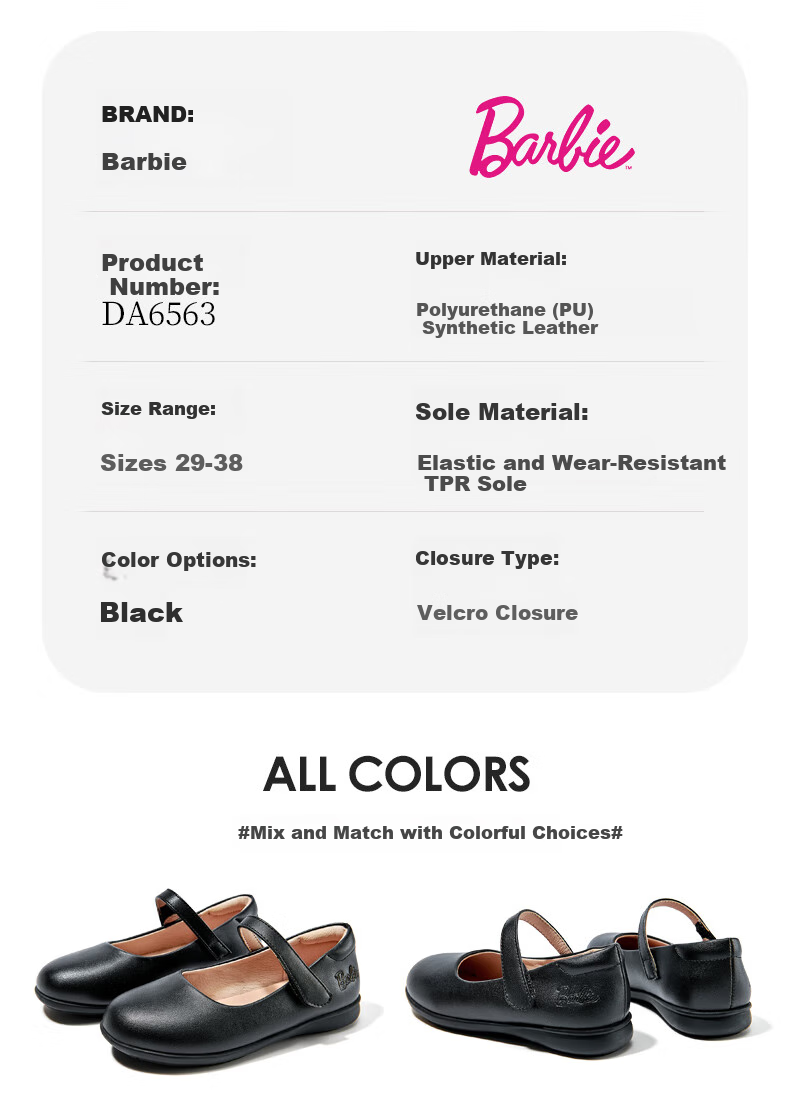 Barbie Girls' Spring And Autumn Single-Lining Black Leather Shoes, Student Campus Classic Performance Leather Shoes DA6563, Black, Size 30 7