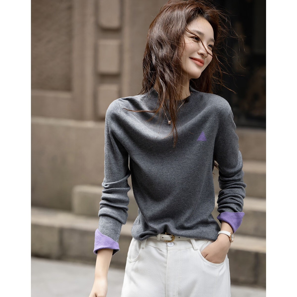 Dme [Containing Fluffy Wool] Autumn Semi-Turtleneck Slim-Fit Sweater with Contrasting Jacquard Pattern for Petite Women's Top
