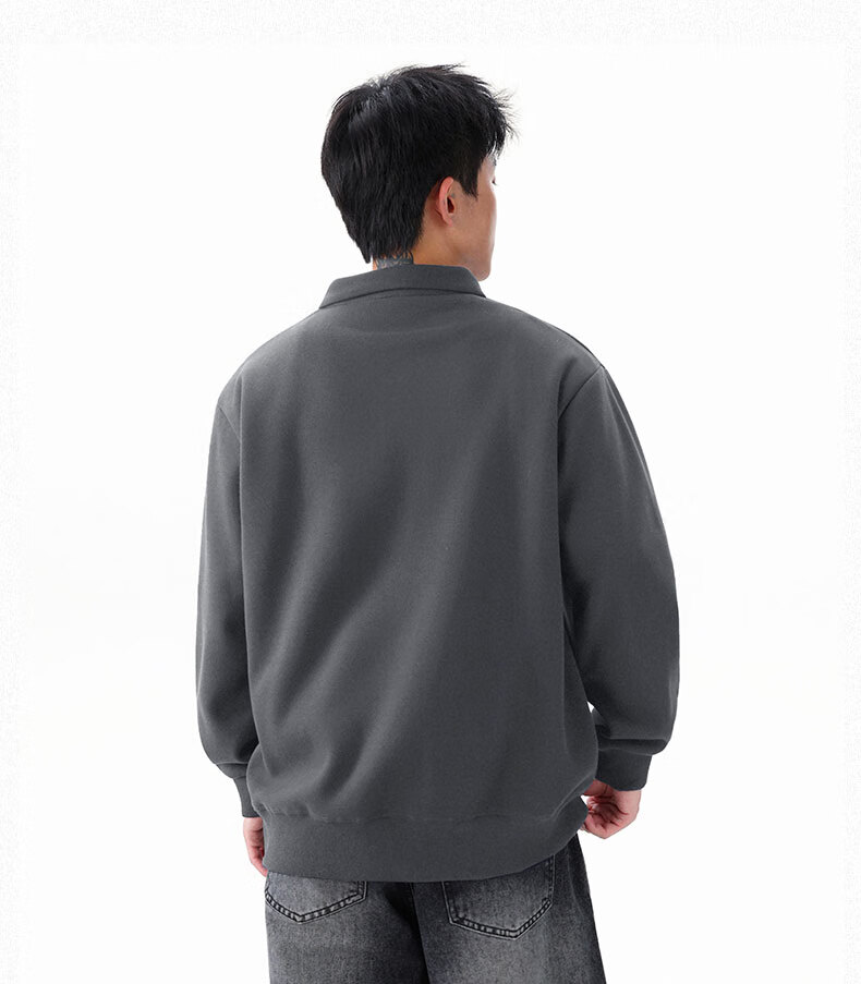 Dingfengbaoluo Heavyweight Polo Collar Sweatshirt Men Autumn Winter Trendy Casual Loose Simple Solid Color Top DQZ10 Black XL 18