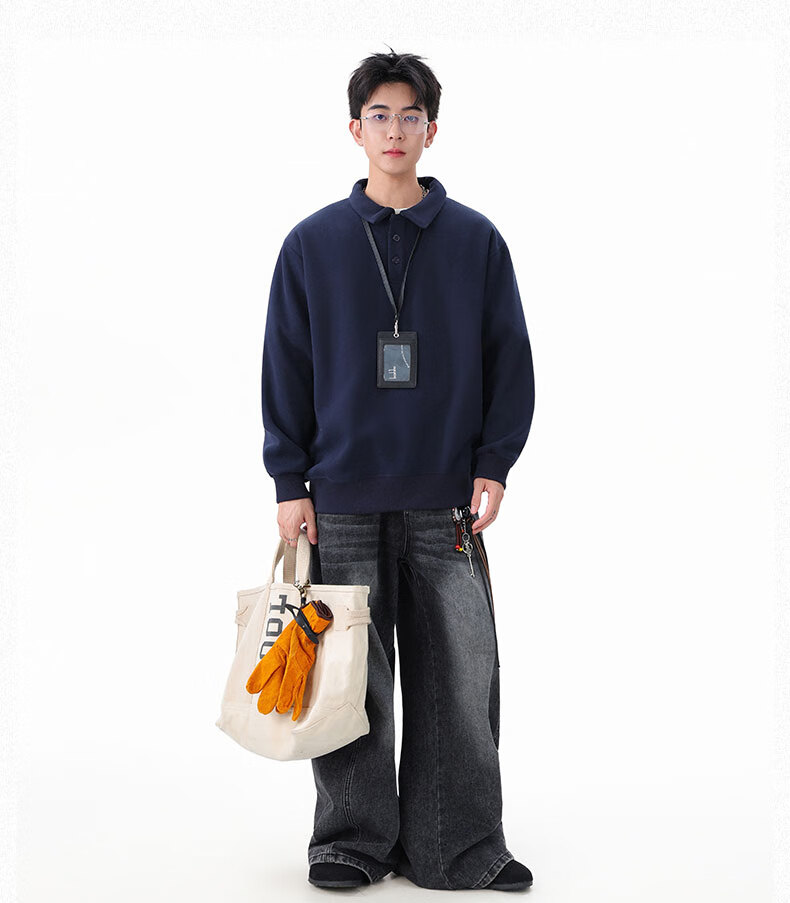Dingfengbaoluo Heavyweight Polo Collar Sweatshirt Men Autumn Winter Trendy Casual Loose Simple Solid Color Top DQZ10 Black XL 7