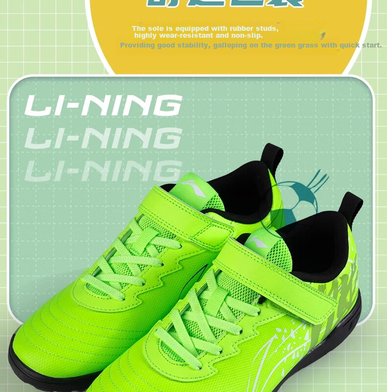 Li-Ning Children's Soccer Shoes with Molded Studs TF6 for Boys Aged 12 And Up, Big Kids, Teenagers, Velcro Professional Training Sports Shoes Size 34 5