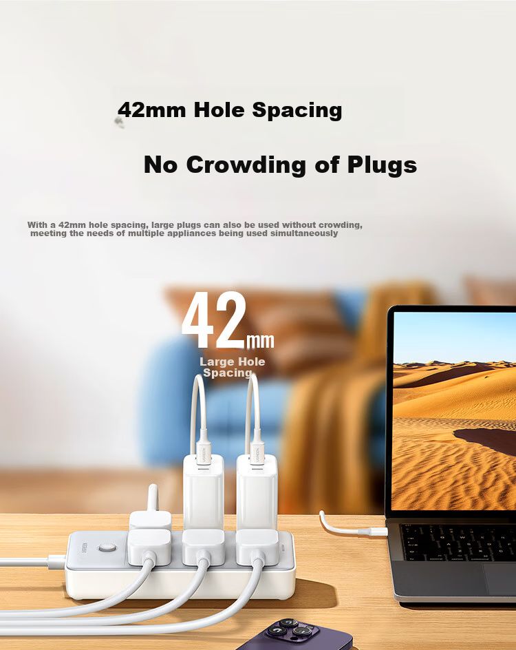 UGREEN Power Strip/Extension Cord/Surge Protector/Power Bar/Socket/Power Board/Cable Reel for Student Dormitory And Home Use, Desktop with Cord, New National Standard Large Spacing 6 Outlets with Master Switch, Total Length 2 Meters 7