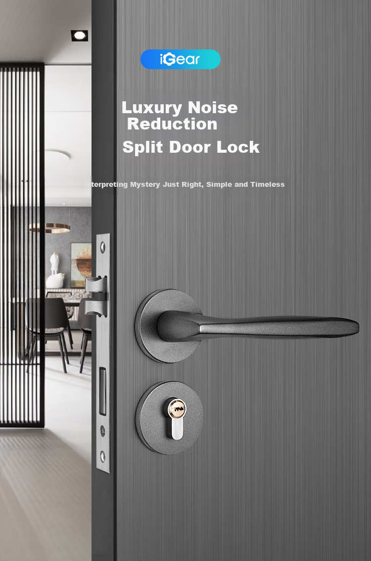 IGear Split Lock, Indoor Home Bedroom Door, Quiet Noise Reduction, Bathroom Toilet Solid Wood American-Style Door Handle, Gunmetal Gray 1
