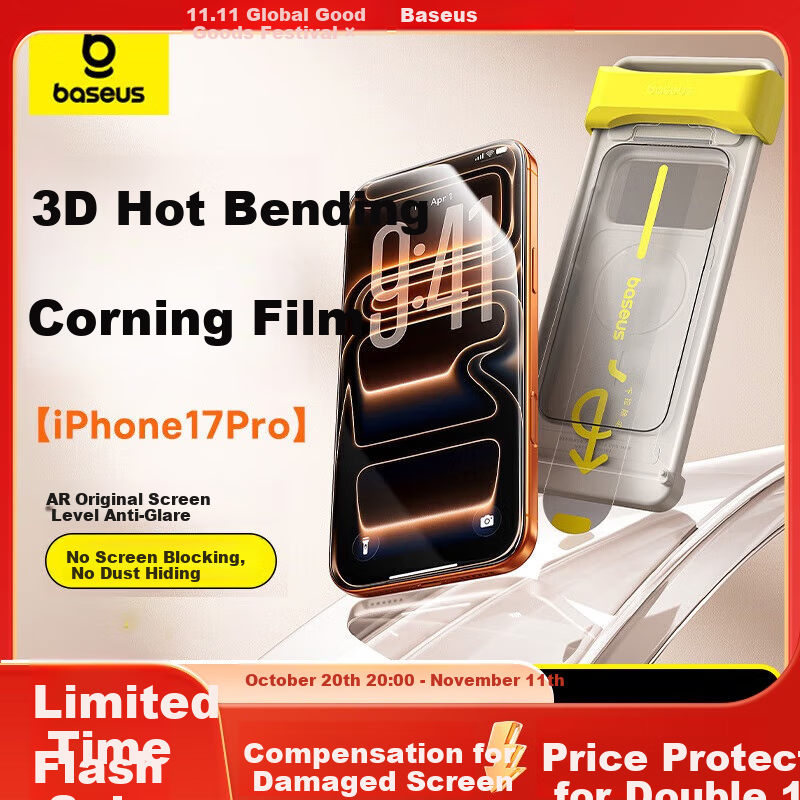 Baseus [3D Hot-Bending Corning Original Film | Full Coverage] Tempered Glass Screen Protector for IPhone 17 Pro, Apple 17 Pro Phone Film, Full Screen Coverage, Non-Blocking, HD, Double Pack