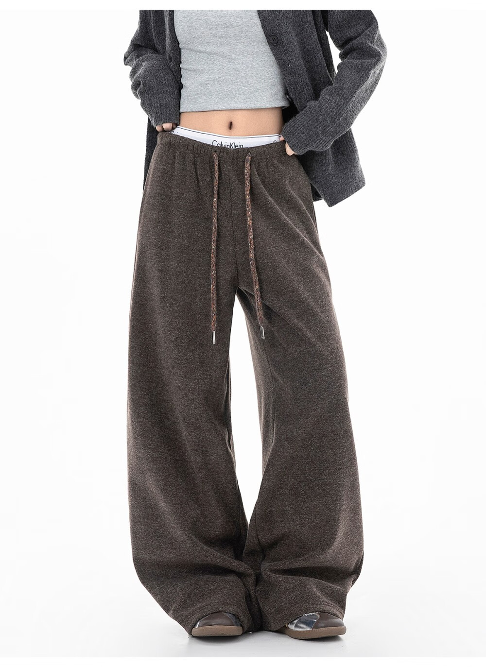 ICH MODE Women's American Style Fleece-Lined Casual Loose Fit Lazy Straight Wide-Leg Sports Pants Thickened Sweatpants Glutinous Rice Color XL 16