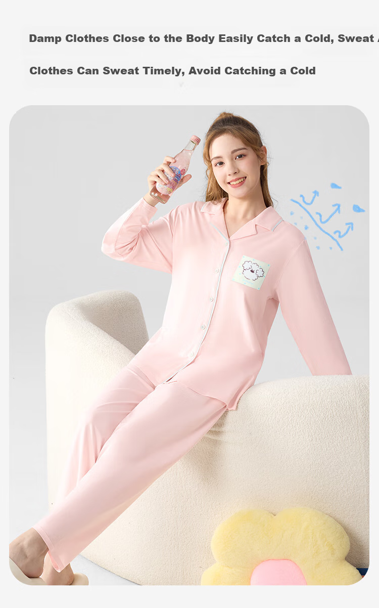Jiusuiban [Miiichan Collaboration] Girls' Cotton Pajamas for Spring And Summer, Open-Front Loungewear Set with Moisture-Wicking Properties 4