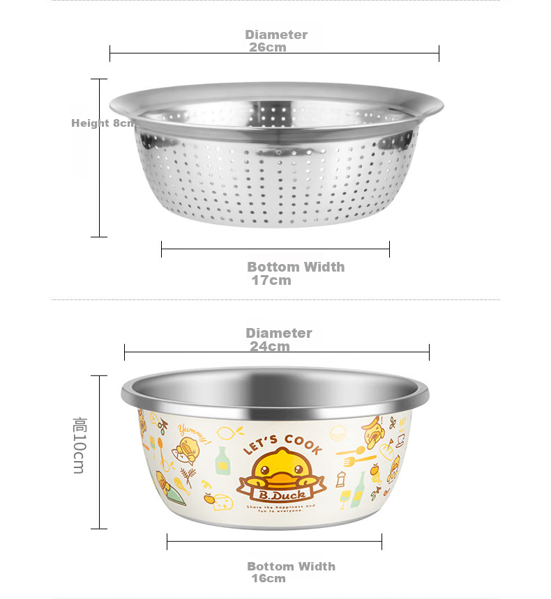 COOKER KING x Little Yellow Duck 304 Stainless Steel Bowl and Sieve 3-Piece Set Thickened Vegetable Washing, Fruit, and Dough Draining Basin 13