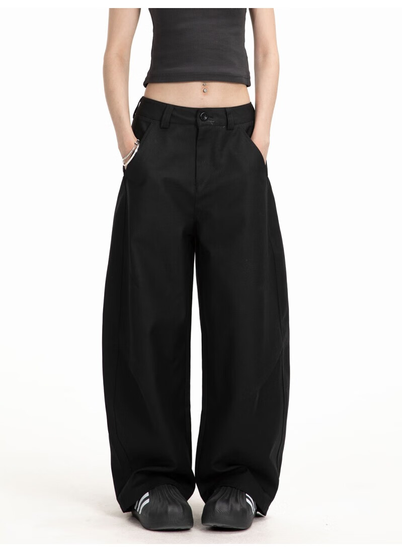 ICH MODE Women's American Style Autumn Winter Loose Straight Relaxed Curved Wide Leg Casual Pants Black L 9