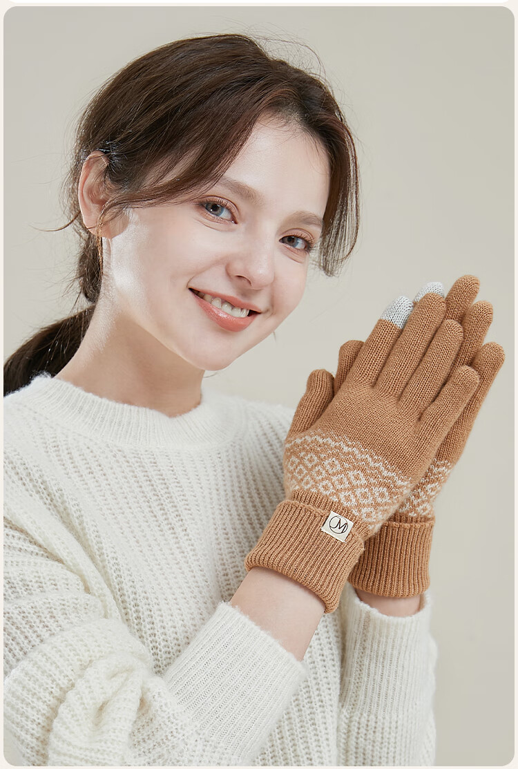 JIUMU 100% Wool Warm Gloves Women Winter Thickened Cold-Resistant Bohemian Style Autumn Winter Touchscreen Knitted Wool Gloves 12