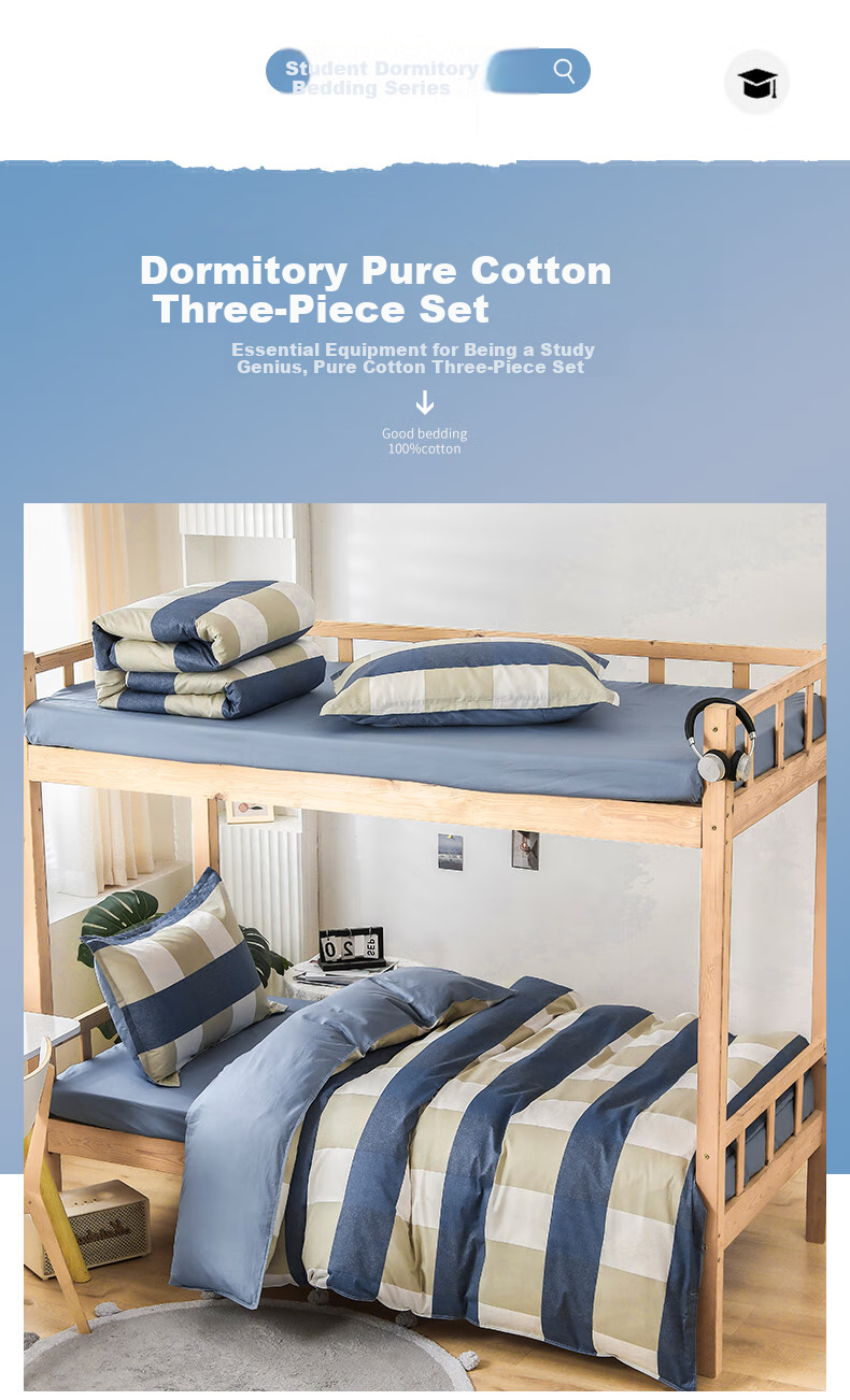 Yunjin Pure Cotton Dormitory Three-Piece Bedding Set for College Students, Bed Sheet And Duvet Cover for Single Bed, 0.9/1.2 Meter, Starry Gray 1