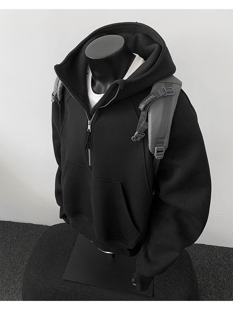 Dingfengbaoluo American Heavyweight Hoodie Men Autumn Loose Casual Half-Zip Pullover Jacket XD61 Black L 5