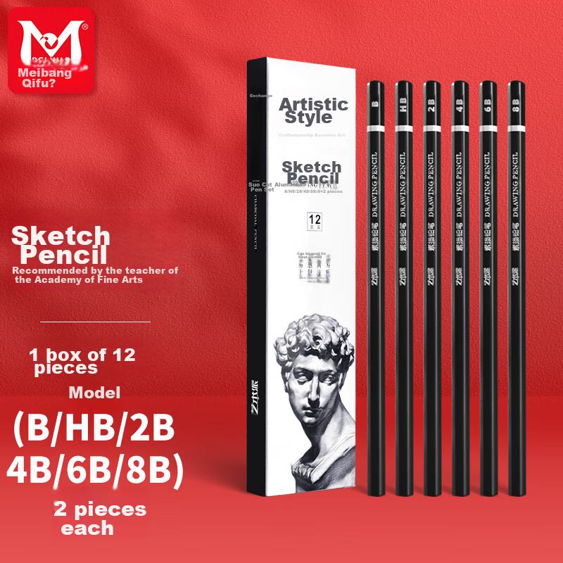 BGI-WAPM Sketch Pencils for Art Students' Exam, Drawing Landscape And Portrait, Beginner's Drawing Set of 12 Pencils (Model #B\HB\2, 2 Each of #B\4B\6B\8B), Sketching, Marker Drawing