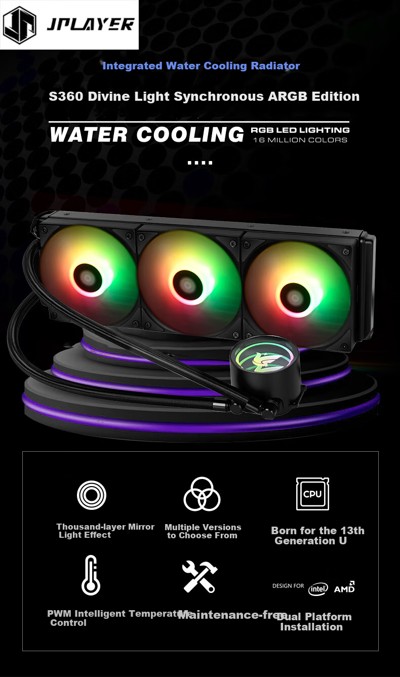 JPLAYER 360 All-In Liquid CPU Cooler with ARGB Lighting Sync, PWM Temperature Control (Pre-Fitted Fan Cable/Supports Intel AMD All Platforms Thermal Dissipation 260W) 1