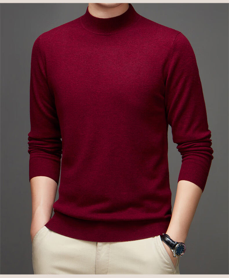 Hengyuanxiang Pure Wool Men's Autumn Winter Thin Half Turtleneck Knit Sweater Top Dark Red 175 10