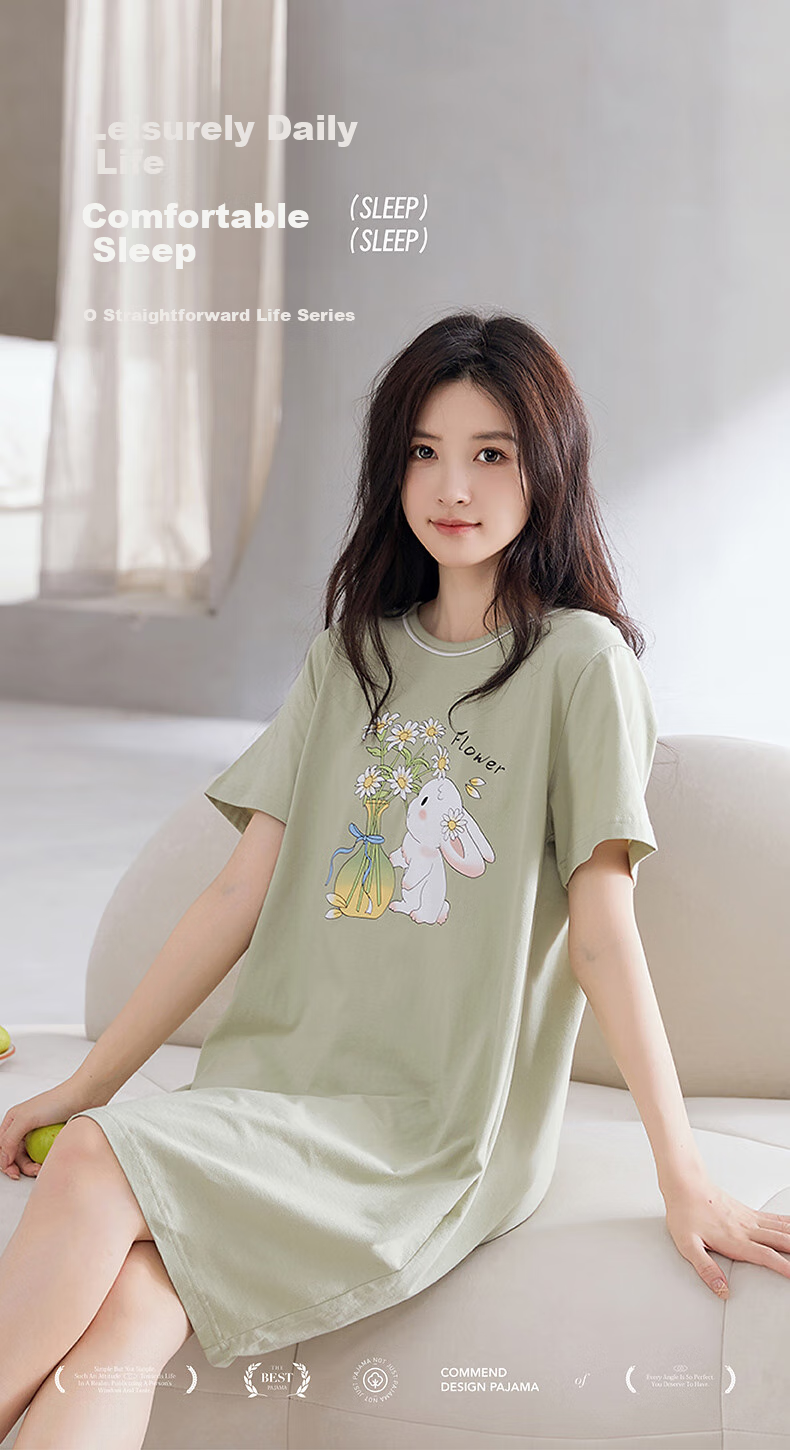 Fenteng Summer Lightweight Short-Sleeve Pure Cotton Loungewear, Plus Size Cute Pajamas, All-Cotton Women's Nightgown, Grass Green, XL 1