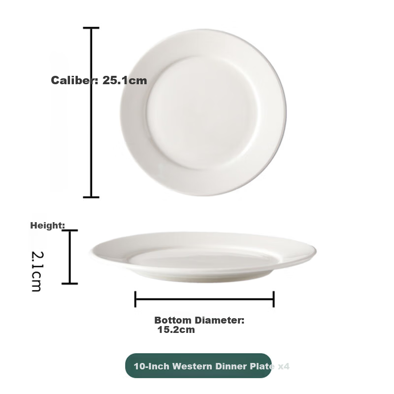 Jieyajie Steak Plates, Home Use Plates, 10-Inch White Porcelain Dinner Plates, Hotel Commercial Serving Plates, Flat Plates, Set of 4