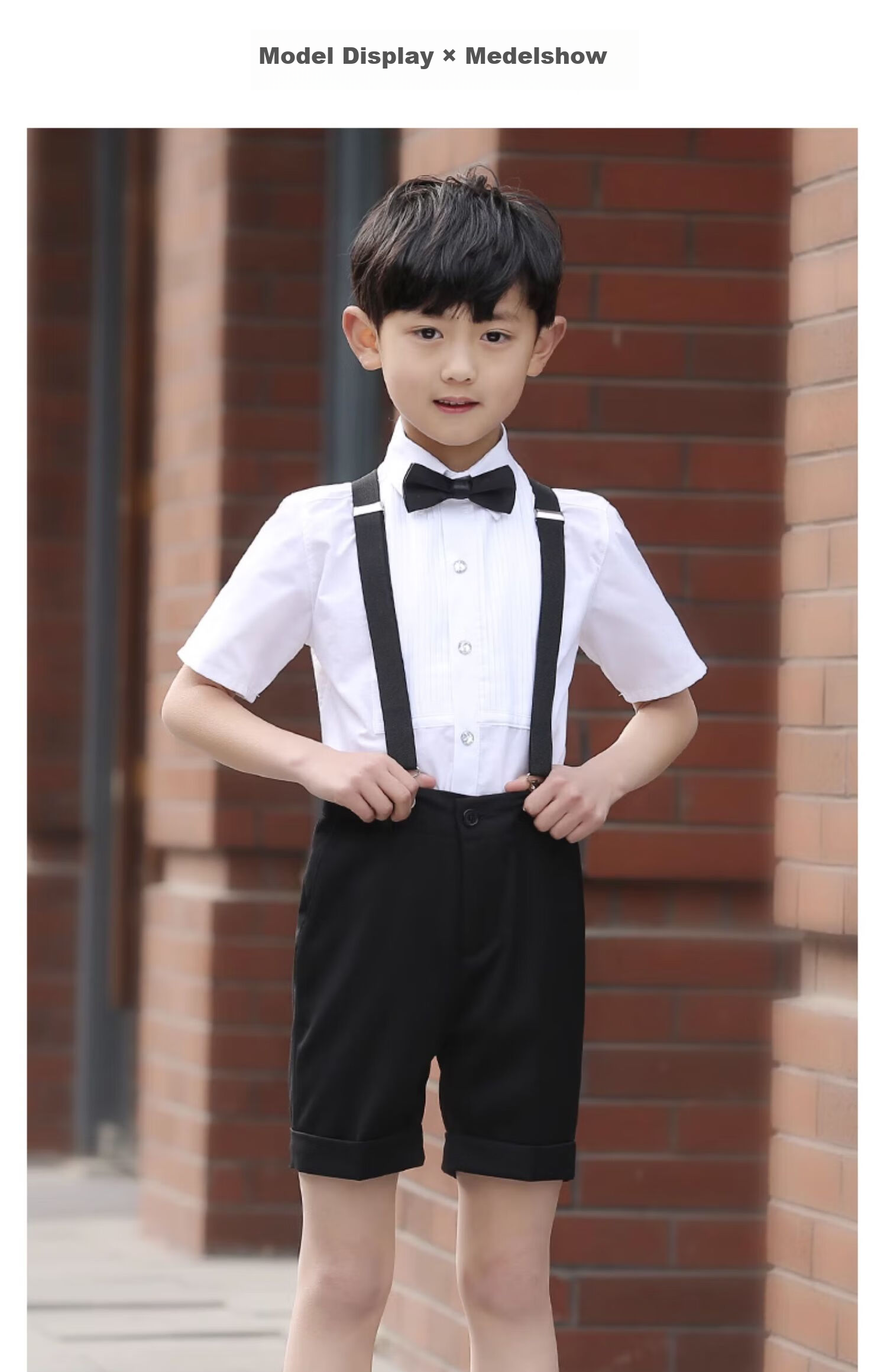 ROMON Boys' Formal Suit Set for Summer Graduation Performances And Events, Navy Blue Short Suspender Suit with Five Pieces, Size 140 9
