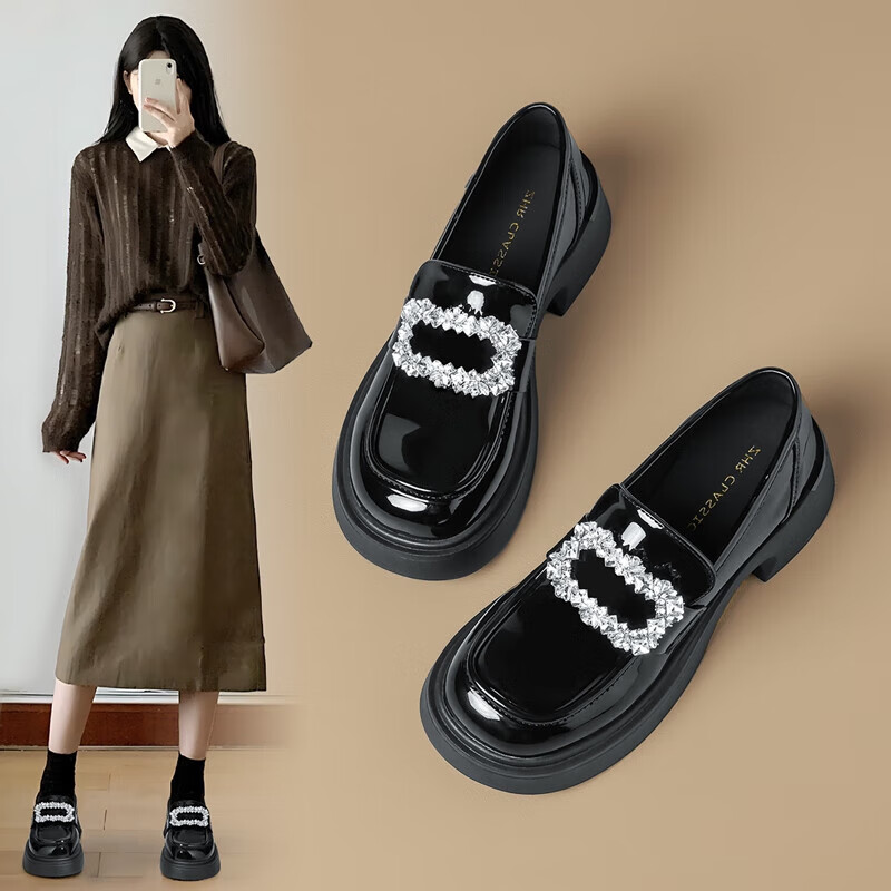 ZHR Women's Loafers, Fashionable Patent Leather Versatile Rhinestone Women's Shoes, Thick-Soled Heightening Black Leather Shoes for Women, JF76 Black, Size 37