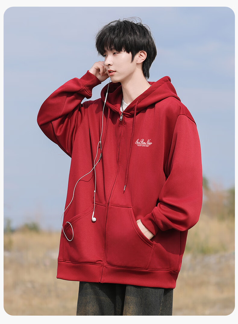 Guirenniao Heavyweight Cardigan Hoodie Men Spring Autumn Youth Casual Hooded Jacket Light Gray [Regular] XL 9