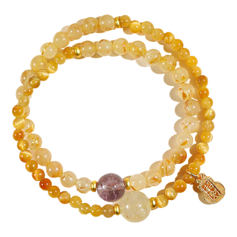 Mofan Tiger Eye Stone Yellow Rutilated Quartz Multi-Crystal Double Circle Zodiac Year Lucky Bead Bracelet Birthday Gift for Couples