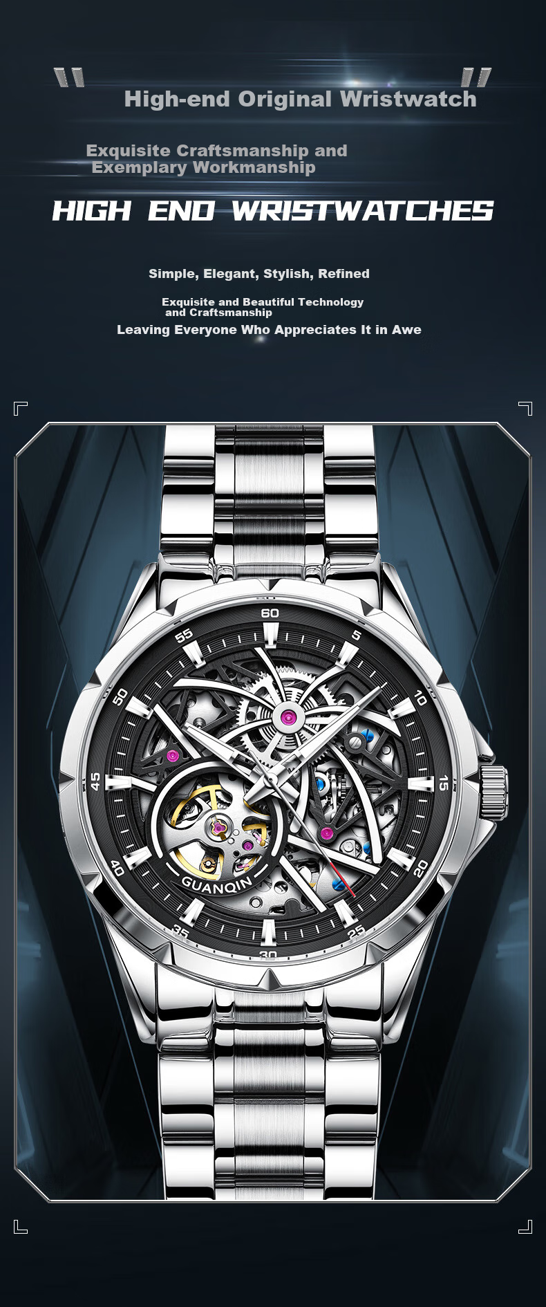 GUANQIN Men's Mechanical Watch, Swiss Certified Fully Automatic Skeleton Trendy Men's Watch, Fireworks Series Strong Luminous Famous Watch 5