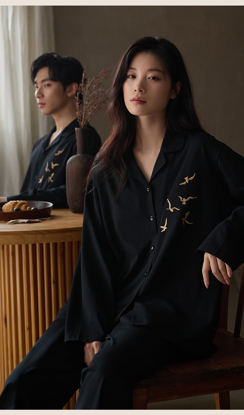 Shaqian Couples Pajamas 2025 New Soft Cotton Men's Homewear Black Lapel Women's Spring Autumn Wearable Set 3
