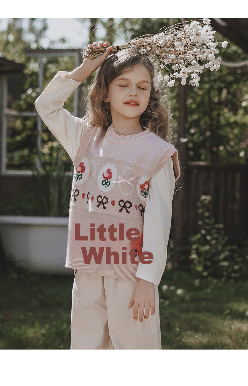 MOMOCO Girls' Vest Jacket Inner Wear Base Layer Outer Wear Stylish Sweet Cartoon Knitted Vest, White Apricot Color, Size 105 12