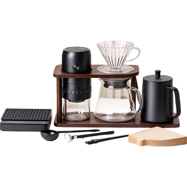 CLITON Pour-Over Coffee Maker Set with Electric Coffee Grinder, Hand-Crank Coffee Machine, Pour-Over Kettle, Filter Cup, Electronic Scale, Storage Rack, 10 Pieces