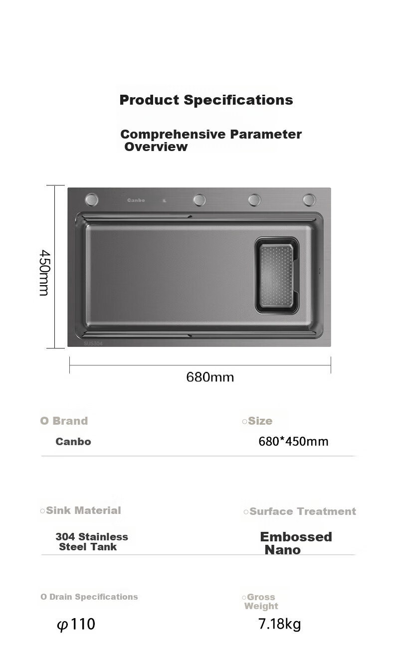 Canbo Large Single Sink, SUS304 Stainless Steel Kitchen Embossed Nano Faucet Set, Integrated Vegetable Washing Basi 20