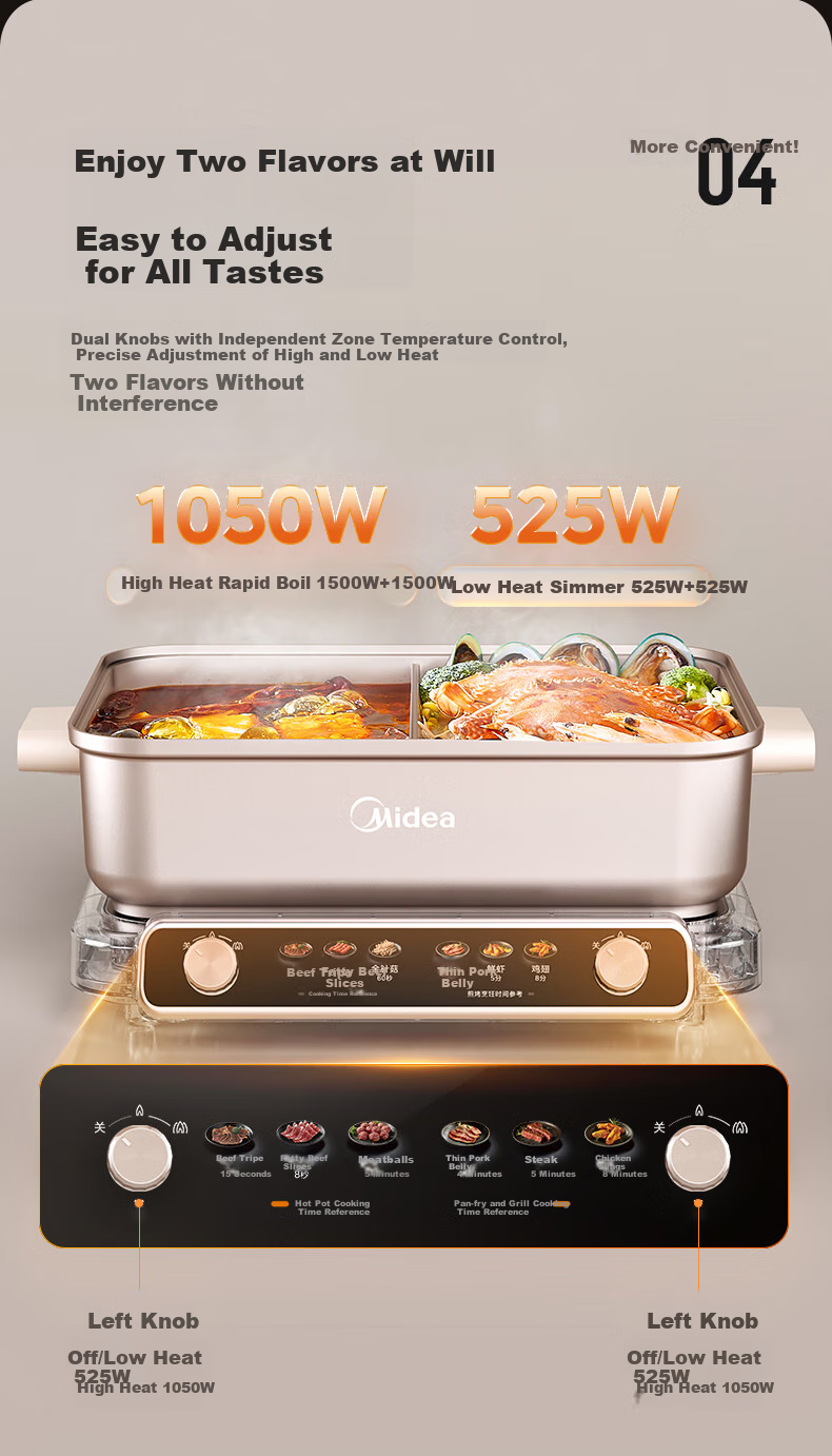 Midea Rapid Boiling Electric Hot Pot, Zero Fluorine Nano Non-Stick Ultra-Thin Household Electric Cooking Pot, 8L Large Capacity Zoned Temperature Control Yin-Yang Hot Pot, 2100W Multifunctional Pot 9