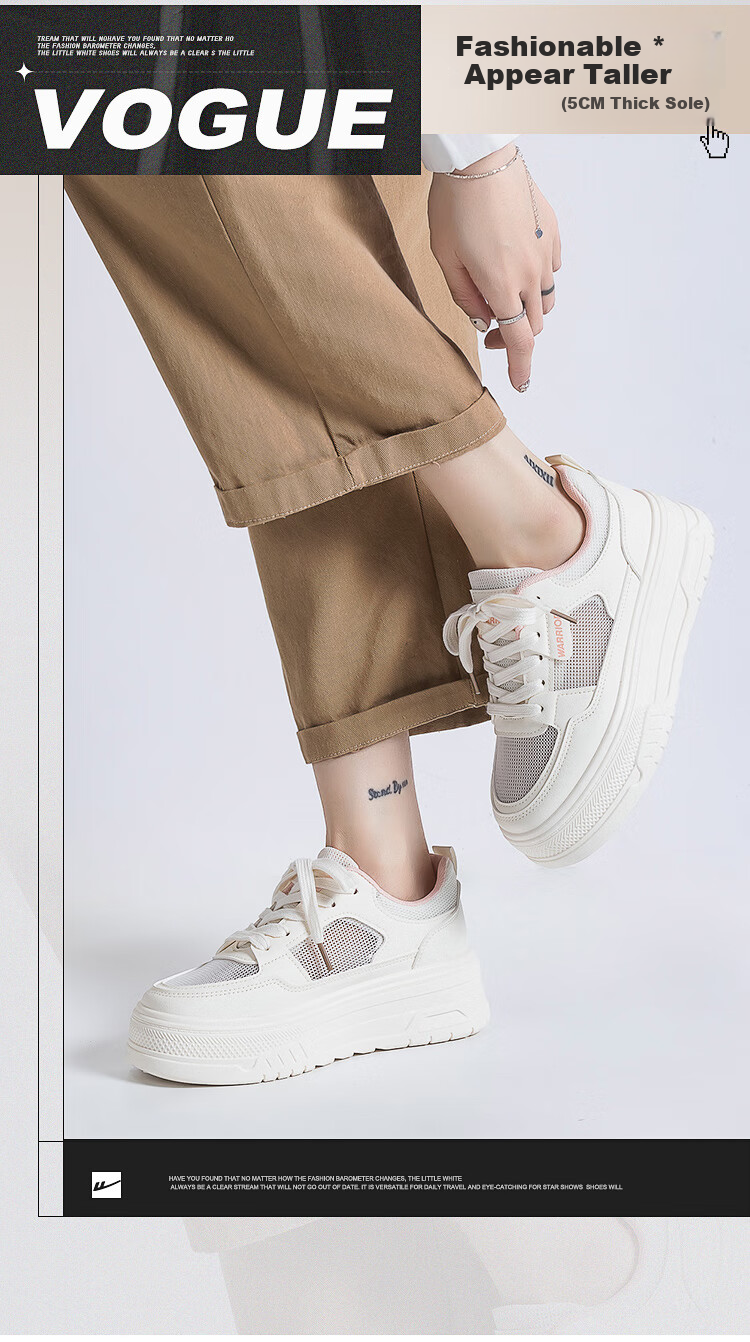 Huili Official Women's Sneakers, Summer 2026 Thick-Soled Heightening White Shoes, Breathable Mesh Shoes for Women, Beige, Size 36 3