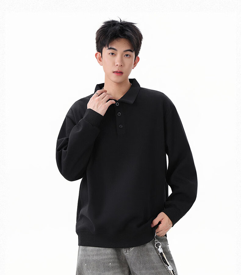 Dingfengbaoluo Heavyweight Polo Collar Sweatshirt Men Autumn Winter Trendy Casual Loose Simple Solid Color Top DQZ10 Black XL 13