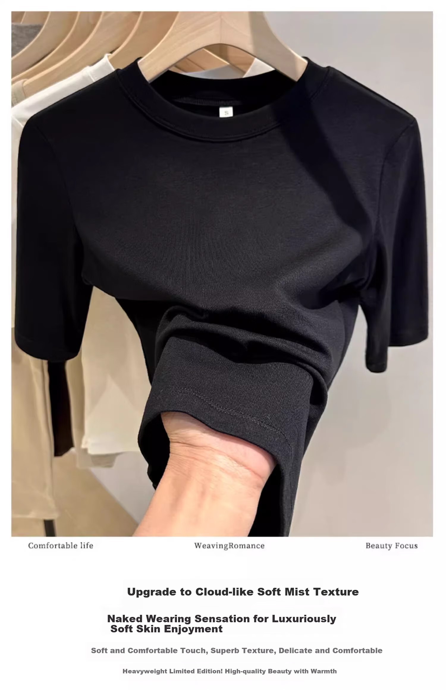 Woodpecker Women's Mid-Sleeve T-Shirt, Summer New Slim Fit Knitted Half Sleeve Base Shirt, Black, XL 6