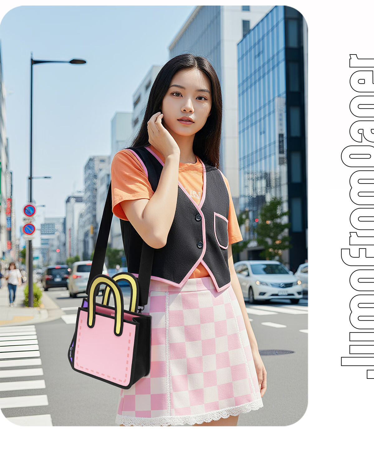 JumpFromPaper Flat 2D Cartoon Crossbody Bag for Women Shoulder Tote Bag Sweetheart Pink Birthday Gift for Girlfriend 3