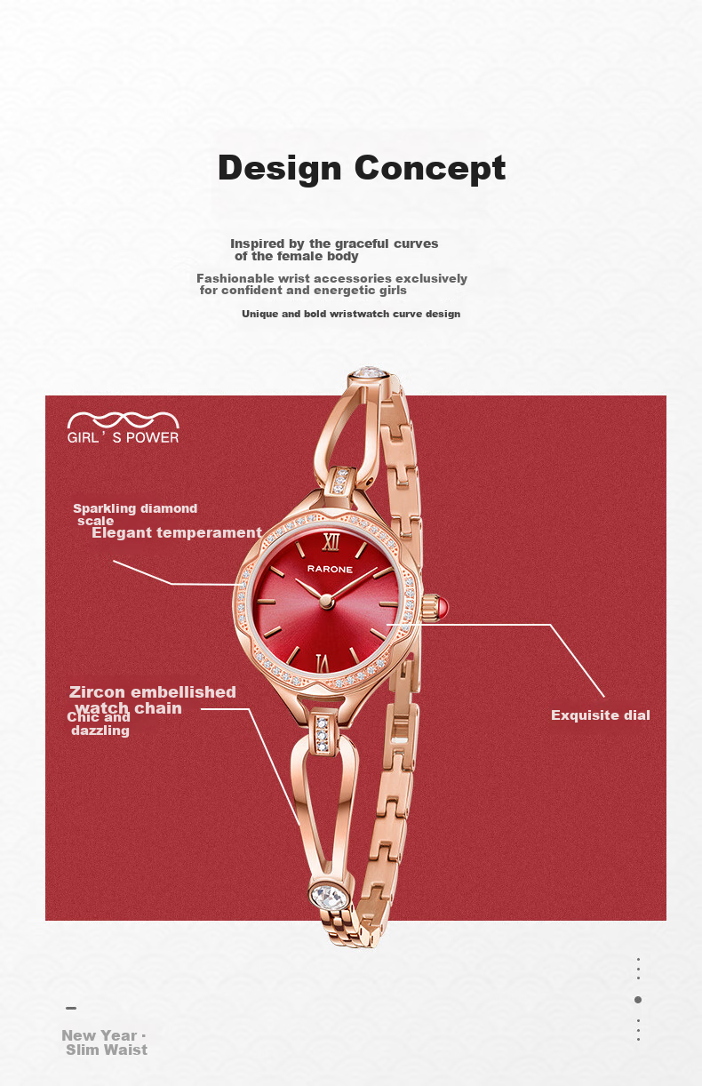 RARONE Slim Waist U Women's Watch, Cherry Pink Bracelet Wristwatch, Quartz Steel Strap, Birthday Gift for Girlfriend 2