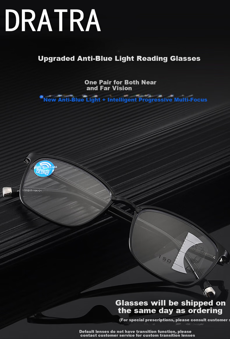 DRATRA Anti-Blue Light Reading Glasses, Multi-Focal Progressive Presbyopic Glasses, Unisex Design, Suitable for Both Distance And Near Vision, Stylish Classic Ultra-Light 1