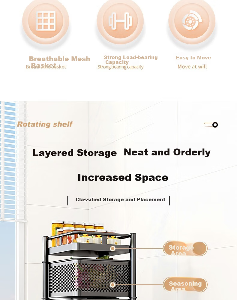 Yicainianhua Kitchen Storage Rack, Floor-Standing Vegetable Basket, Rotating Shelf, Vegetable Organizer, Living Room Storage Movable Cart, 1118-WH 3