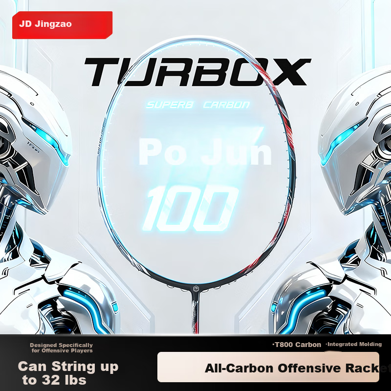 JD Original Paojun 100 Full Carbon Ultra-Light Badminton Racket, 4U Pre-Strung 32 Lbs Offensive Type, Secondary Shaping