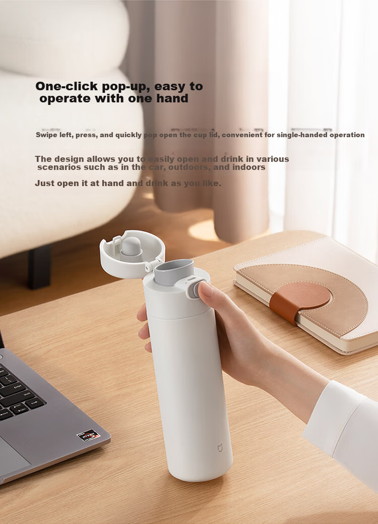 MIJIA Insulated Mug with Pop-Up Lid, Hot And Cold Cup, 480ml, Portable, Stainless Steel, Car-Friendly Water Bottle, Bamboo Green Color 3