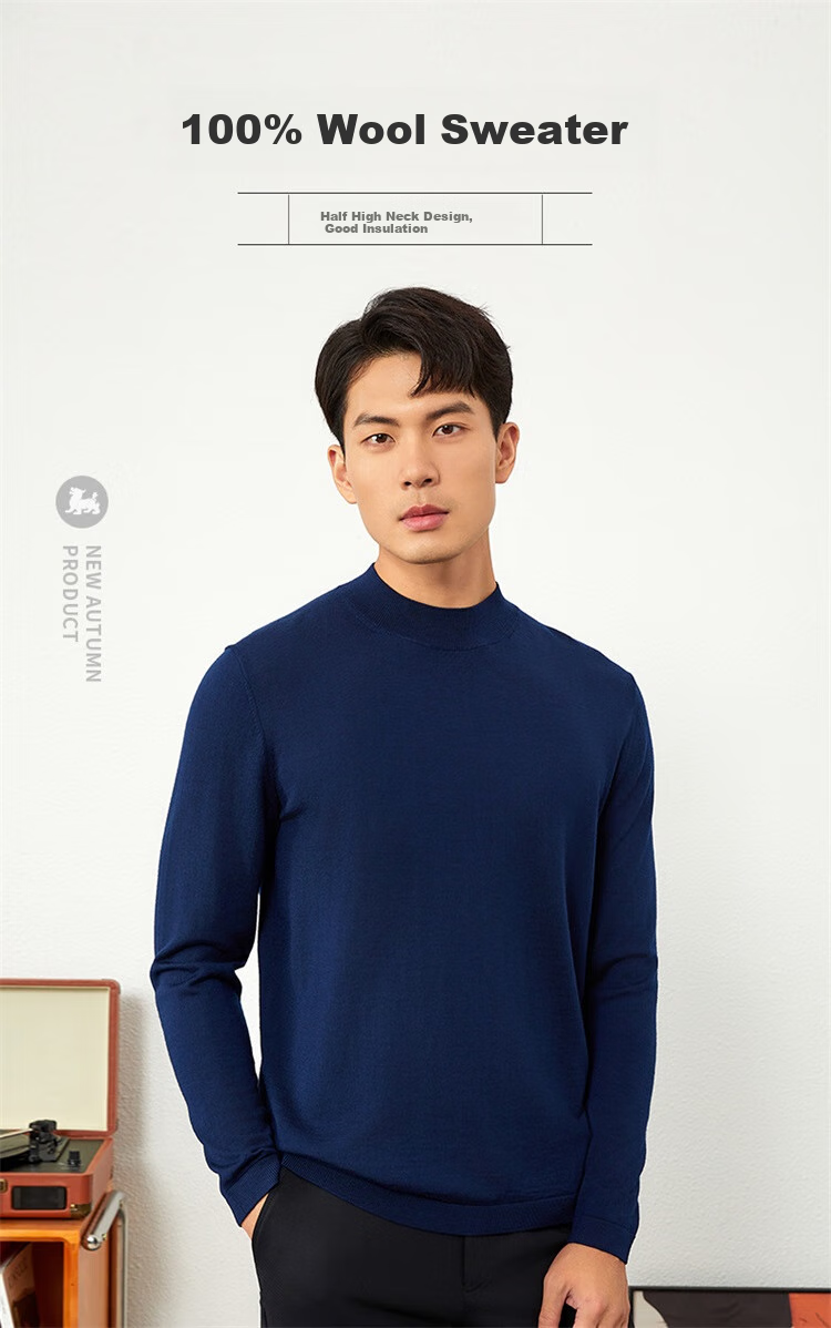 Goldlion Men's Wool Sweater, Spring And Autumn New Style, Simple Solid Color Knitted Inner Layer Top WLR0739-LK103, Navy Blue, M00 1