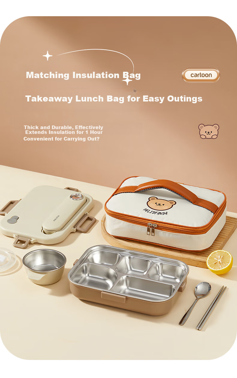 WORTHBUY 304 Stainless Steel Lunch Box for Office Workers, Meal Container with Compartments for Students' Cafeteria, Rice Serving Tray, Beige with 5 Compartments + Bag 10